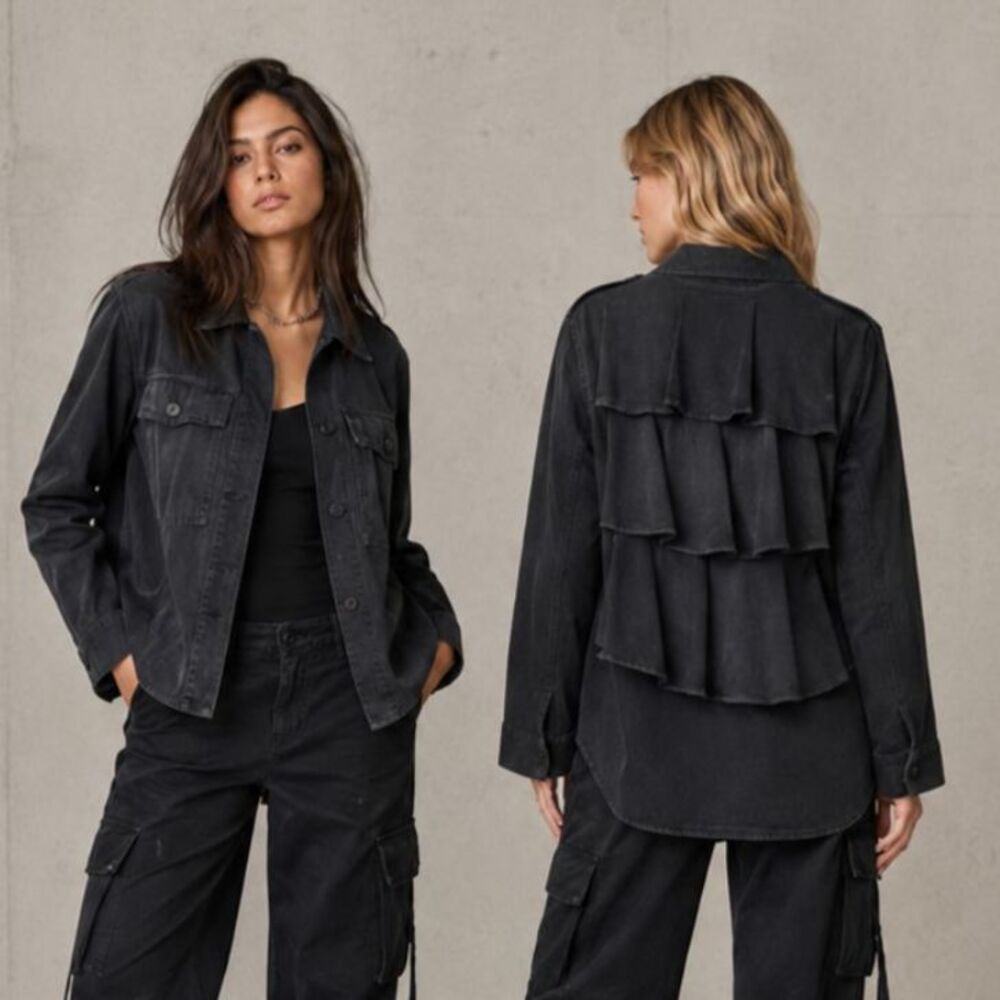 AMO Faded Black Utility Shirt Jacket Ruffle Back Oversized Shacket